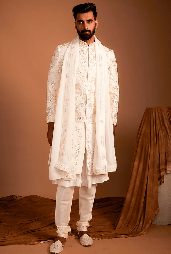 Cream Silk Zardosi Hand Embroidered Sherwani Set