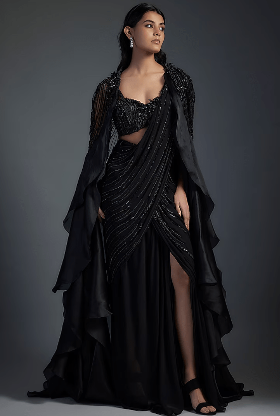 Black Georgette Pre-Stitched Embroidered Jacket Saree Set