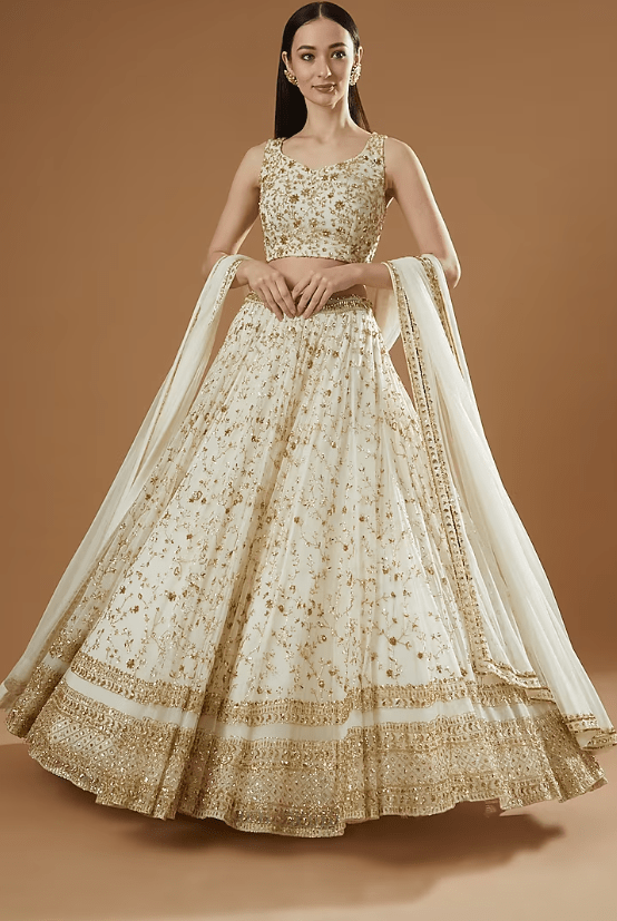 Off-White Net & Crepe Boota Embroidered Lehenga Set