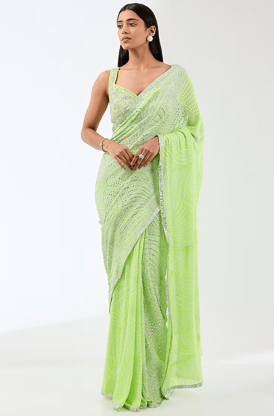 Mint Green Georgette Hand Embroidered Saree Set
