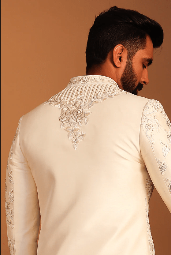 Cream Silk Zardosi Hand Embroidered Sherwani Set - Image 2