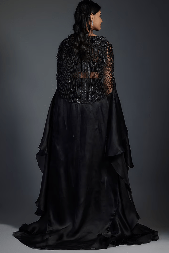Black Georgette Pre-Stitched Embroidered Jacket Saree Set - Image 2