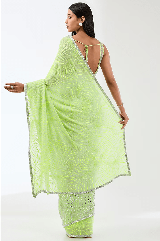 Mint Green Georgette Hand Embroidered Saree Set - Image 2