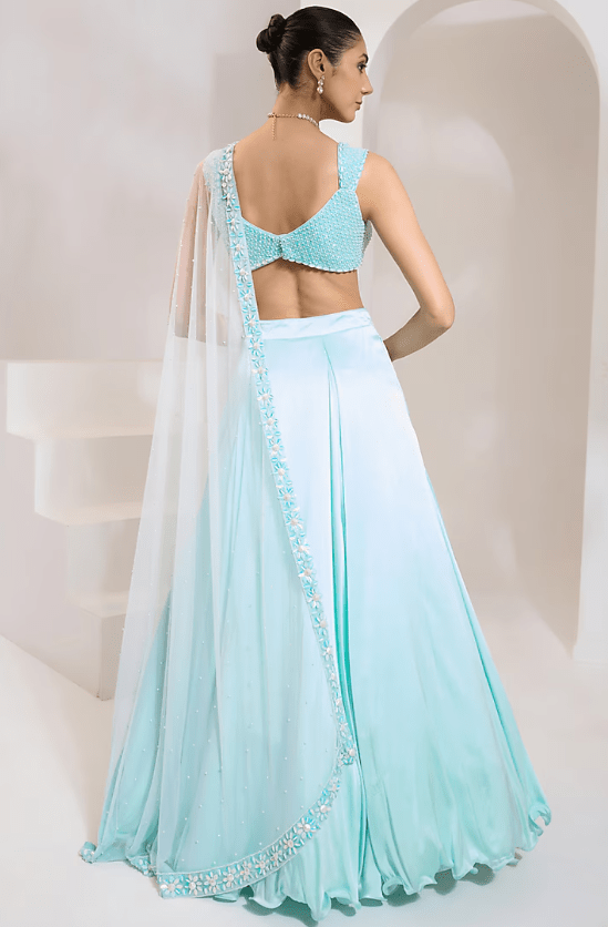 Turquoise Blue Satin Lycra Lehenga Set - Image 2