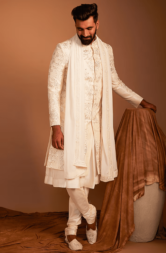 Cream Silk Zardosi Hand Embroidered Sherwani Set - Image 3