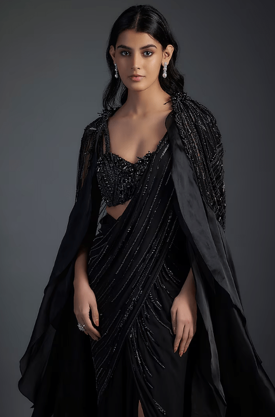 Black Georgette Pre-Stitched Embroidered Jacket Saree Set - Image 3