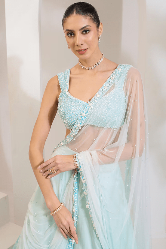 Turquoise Blue Satin Lycra Lehenga Set - Image 3