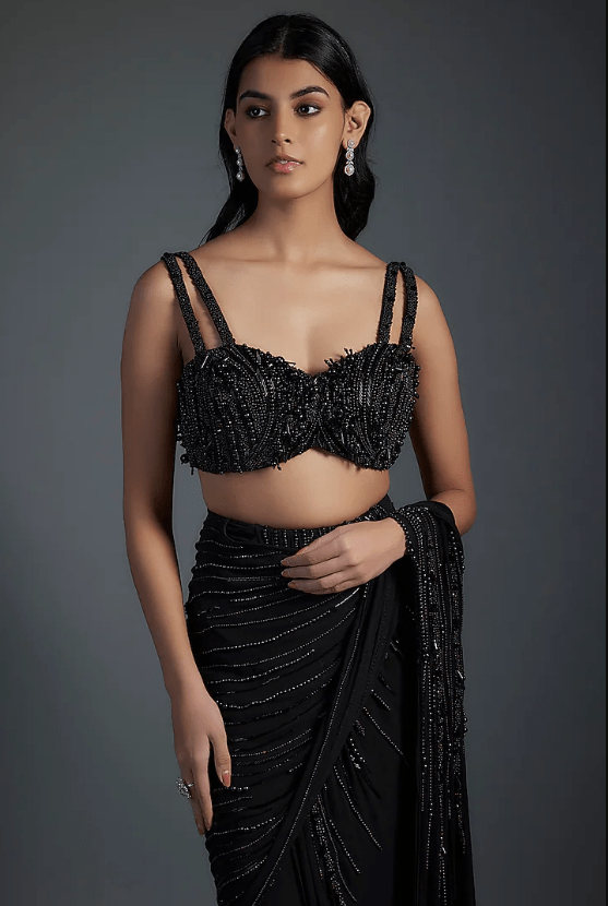 Black Georgette Pre-Stitched Embroidered Jacket Saree Set - Image 4
