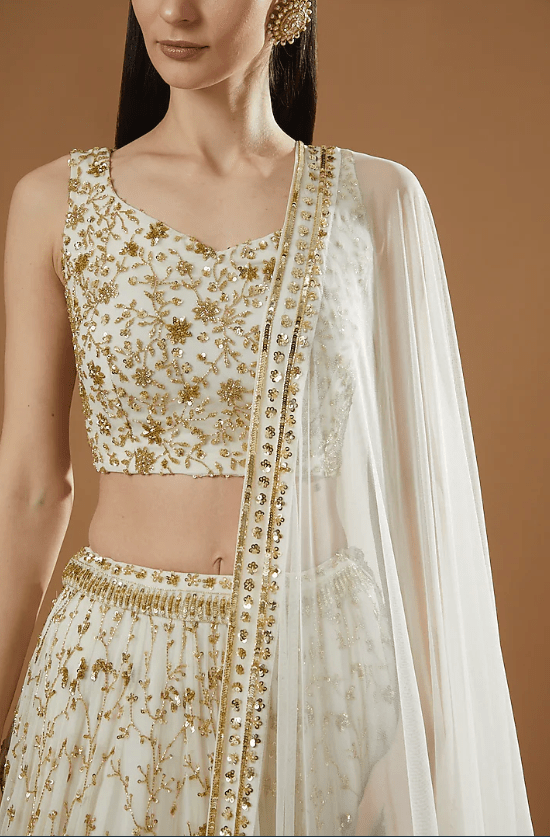 Off-White Net & Crepe Boota Embroidered Lehenga Set - Image 4