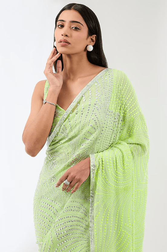 Mint Green Georgette Hand Embroidered Saree Set - Image 4