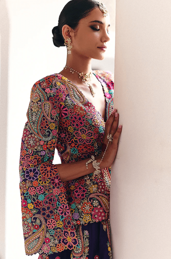 Purple Pure Silk Resham & Zardosi Hand Embroidered Lehenga Set - Image 4