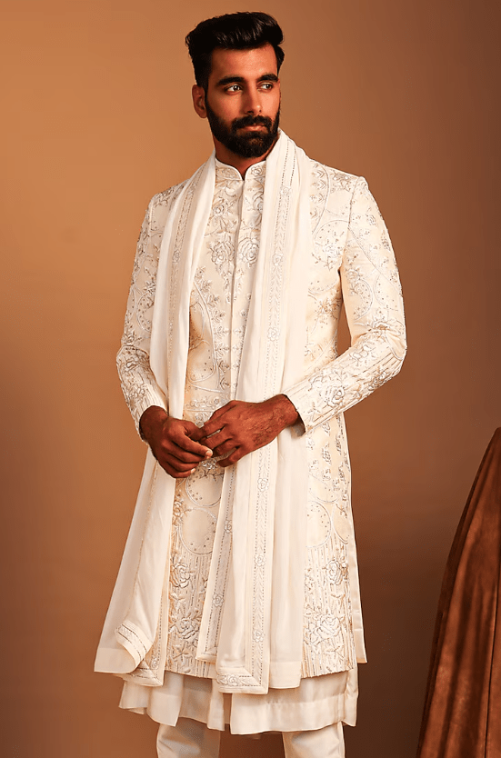 Cream Silk Zardosi Hand Embroidered Sherwani Set - Image 4