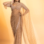 Champagne color hand embroidered saree