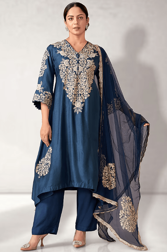 Dull Blue Dupion Silk Embroidered Long Tunic Set