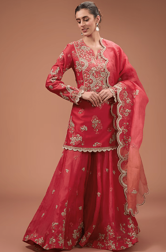 Pink Dupion Silk Dori Embroidered Sharara Set
