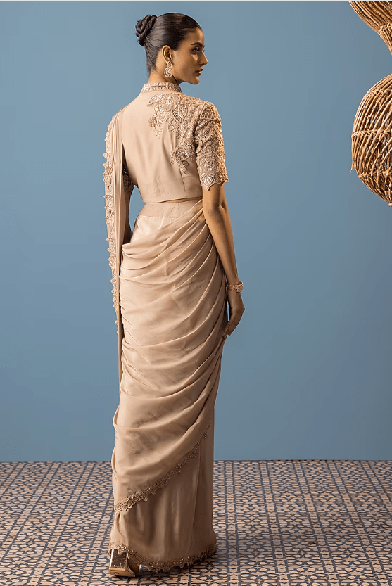 Beige Crepe Embroidered Draped Saree Set - Image 2