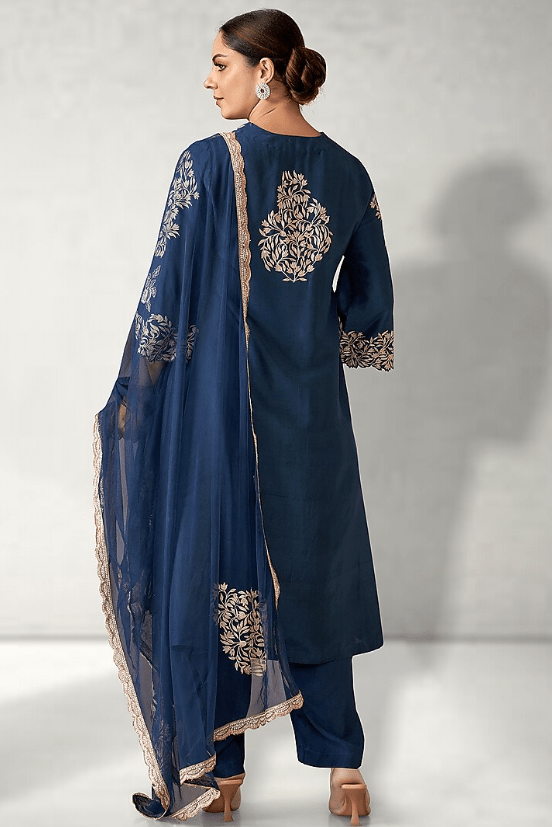 Dull Blue Dupion Silk Embroidered Long Tunic Set - Image 2