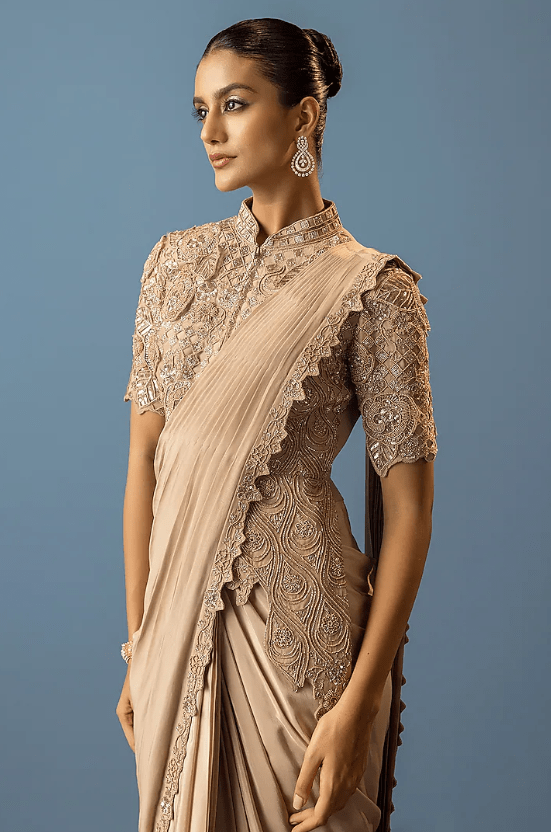 Beige Crepe Embroidered Draped Saree Set - Image 3