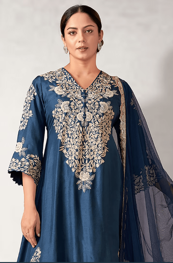 Dull Blue Dupion Silk Embroidered Long Tunic Set - Image 3