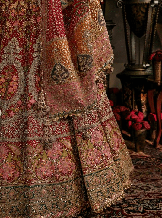 Deep red lehenga with floral and avian motifs - Image 3