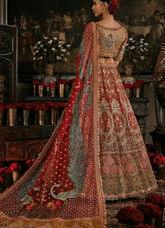 Deep red lehenga with floral and avian motifs - Image 6