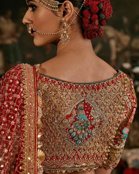 Deep red lehenga with floral and avian motifs - Image 7