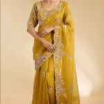 Mustard Yellow Satin Organza Silver Sequins Work Saree Set