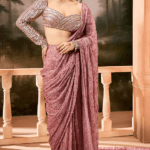 Mauve Armani Satin & Sequins Hand Embroidered Pre-Draped Saree Set