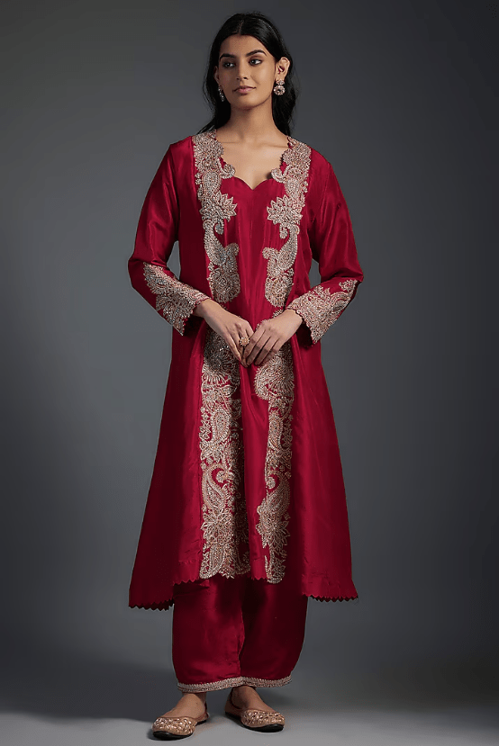 Red Silk Floral Hand Embroidered Panelled A-Line Kurta Set