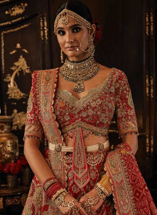 Red lehenga with tulle veil - Image 2