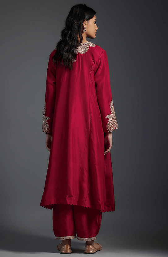 Red Silk Floral Hand Embroidered Panelled A-Line Kurta Set - Image 2