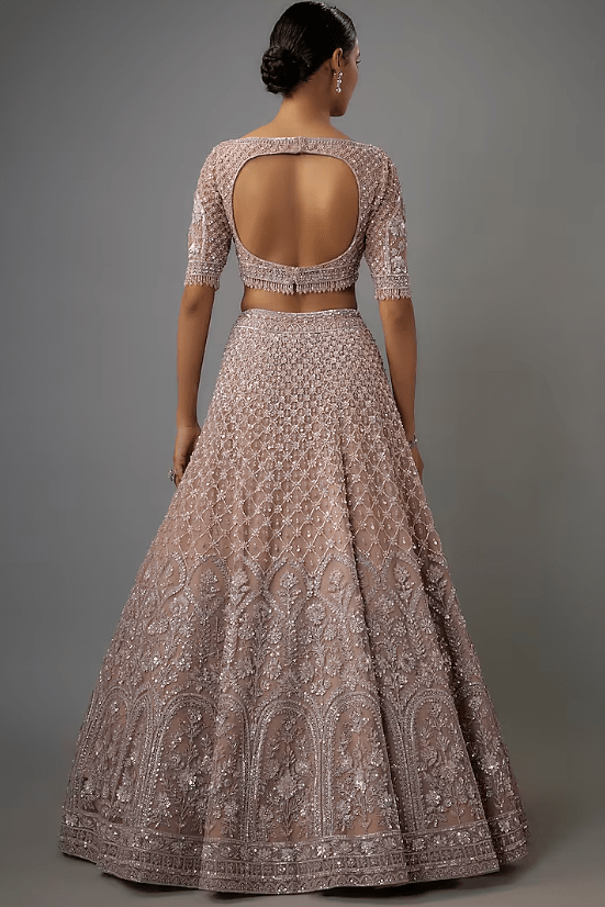 Beige Net Pearl & Resham Embroidered Lehenga Set - Image 2