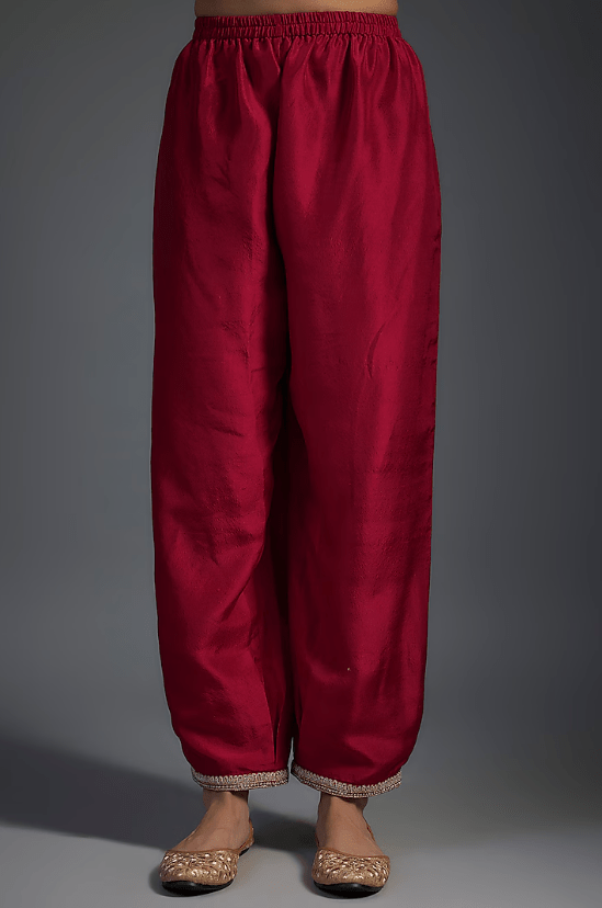 Red Silk Floral Hand Embroidered Panelled A-Line Kurta Set - Image 3