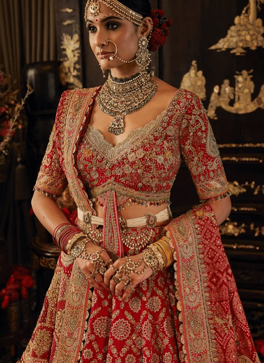 Red lehenga with tulle veil - Image 4