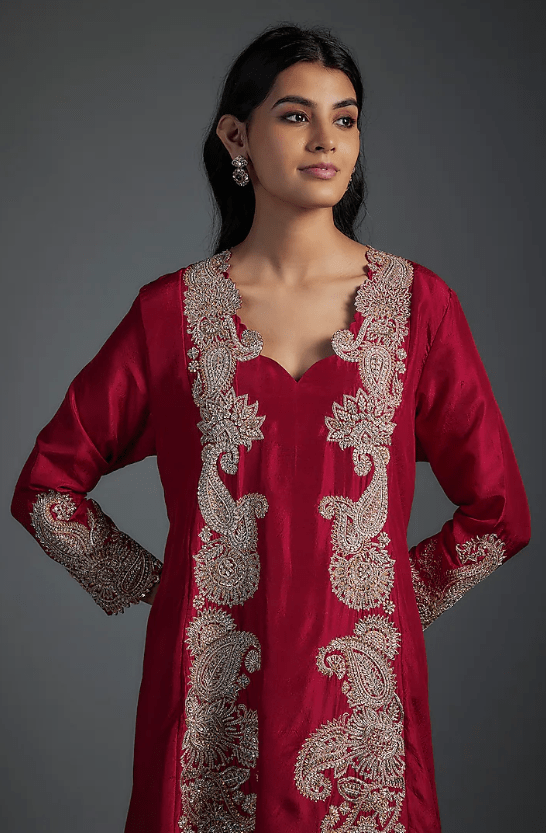 Red Silk Floral Hand Embroidered Panelled A-Line Kurta Set - Image 4
