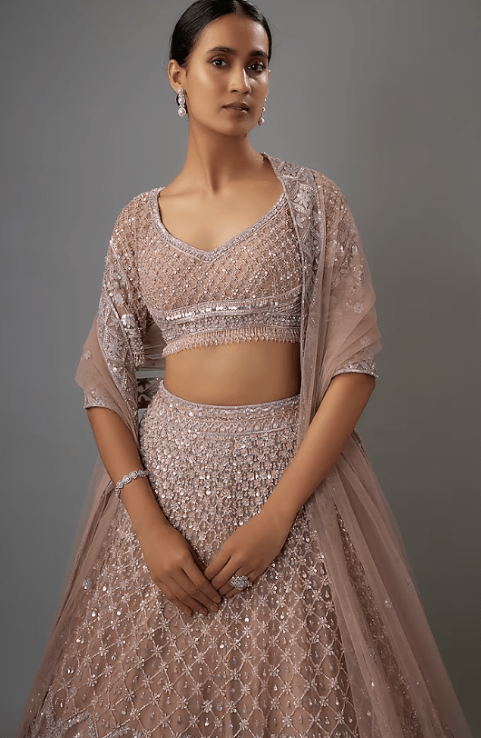 Beige Net Pearl & Resham Embroidered Lehenga Set - Image 4