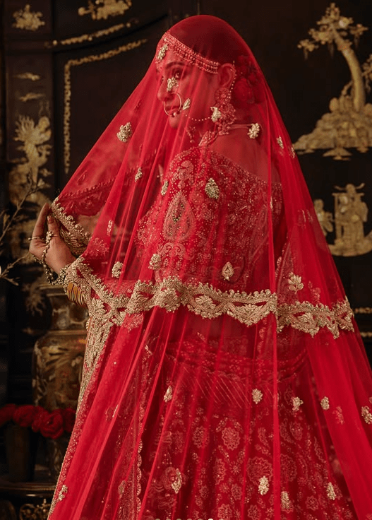 Red lehenga with tulle veil - Image 6