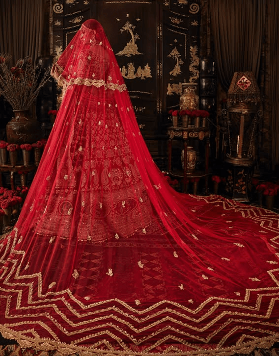 Red lehenga with tulle veil - Image 7