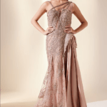 Peach Net & Silk Hand Embroidered Gown