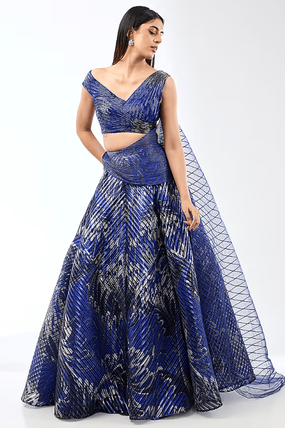 Cosmos Blue Metallic Stripe Draped Lehenga Set