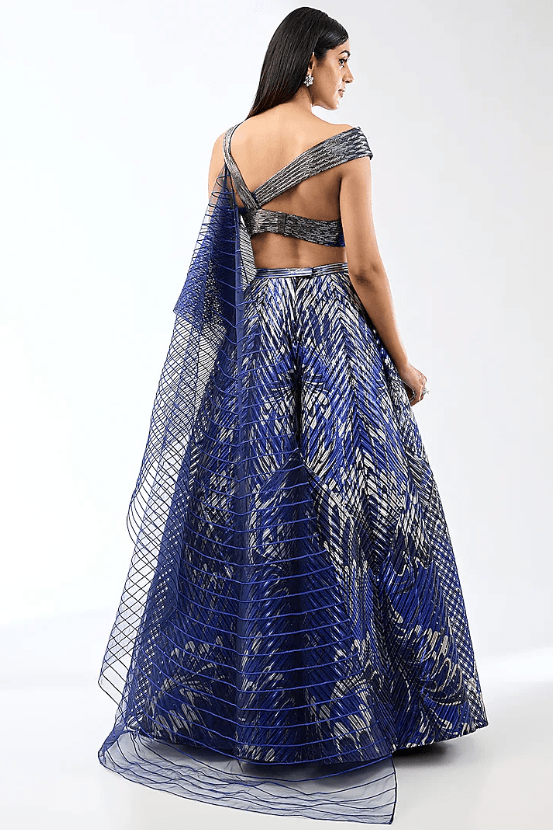 Cosmos Blue Metallic Stripe Draped Lehenga Set - Image 2