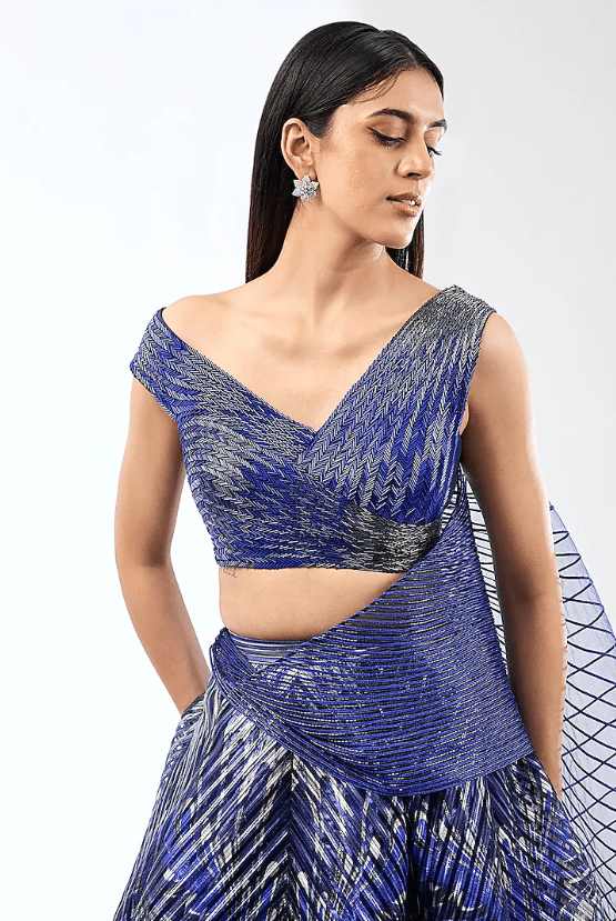Cosmos Blue Metallic Stripe Draped Lehenga Set - Image 4