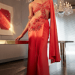 Coral Georgette 3D Applique Embroidered Draped Saree Set