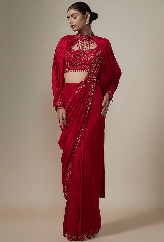 Cadmium Red Organza Sequins Embroidered Saree Set