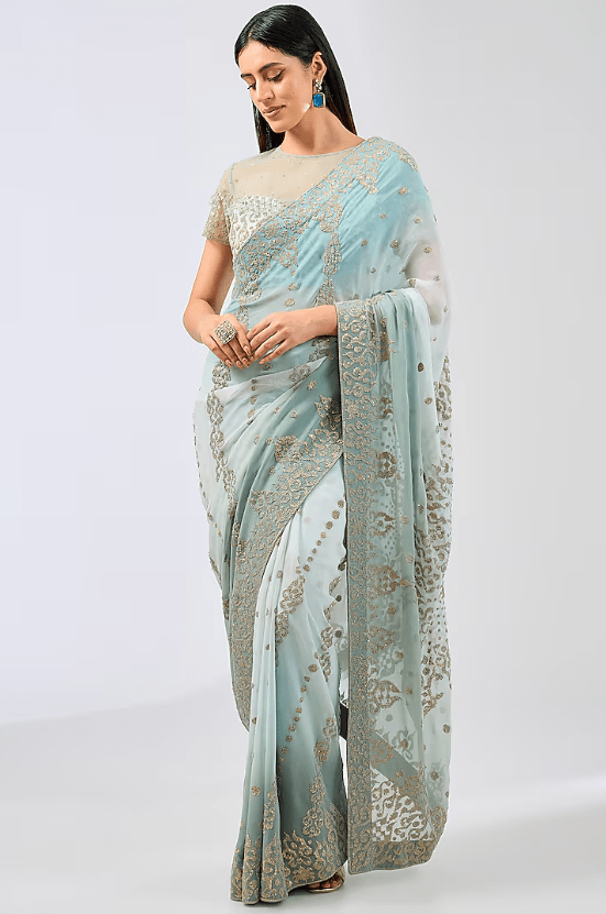 Sage Green Shaded Georgette Sequins Embroidered Saree Set
