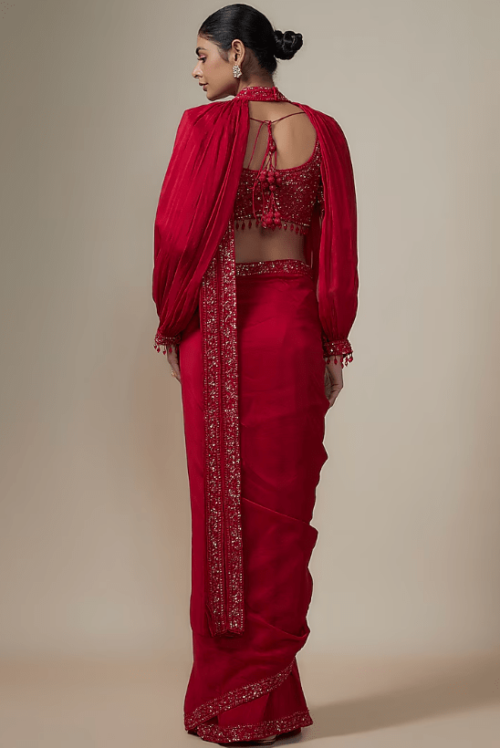 Cadmium Red Organza Sequins Embroidered Saree Set - Image 2