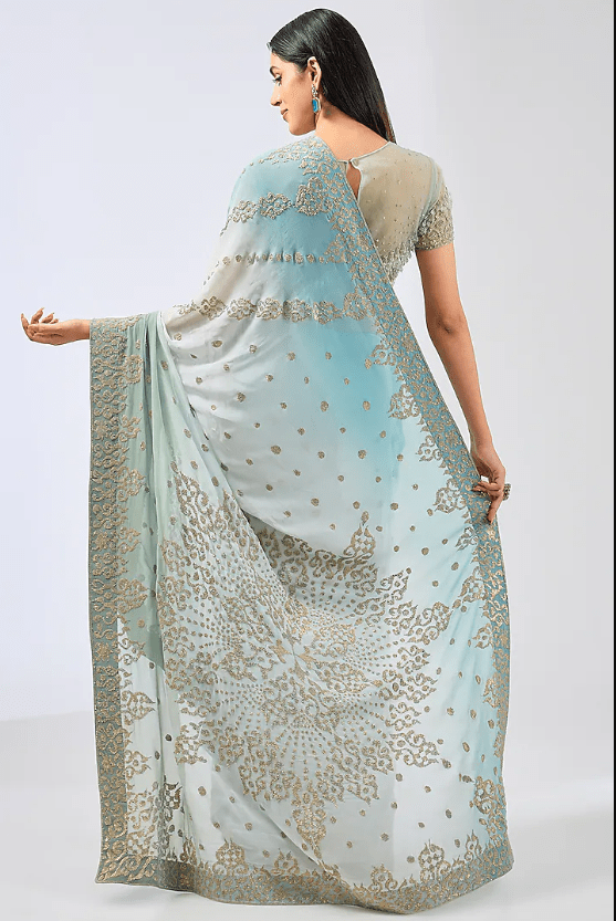 Sage Green Shaded Georgette Sequins Embroidered Saree Set - Image 2