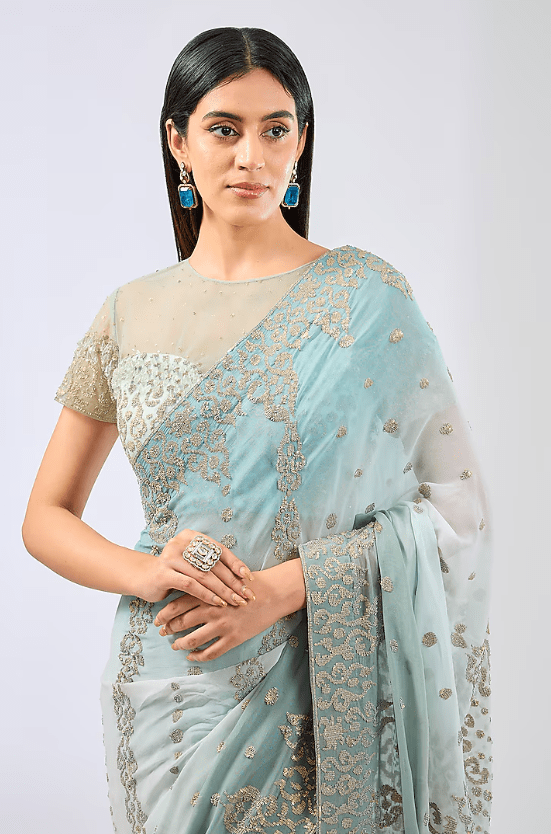 Sage Green Shaded Georgette Sequins Embroidered Saree Set - Image 4