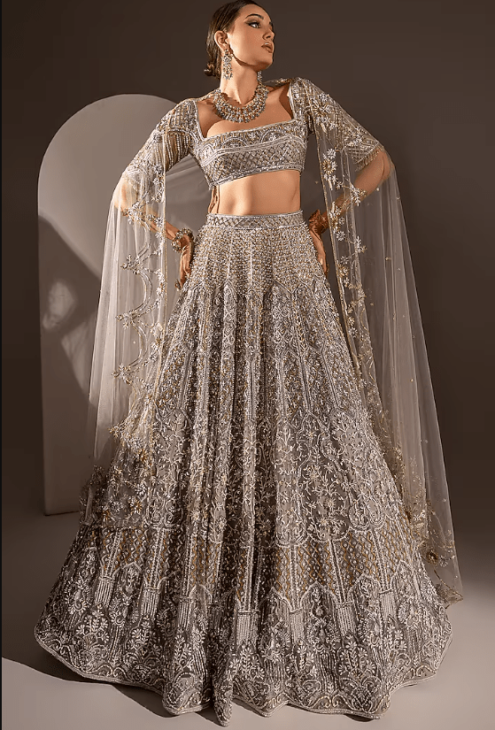 Grey Net Crystal & Pearl Work Lehenga Set