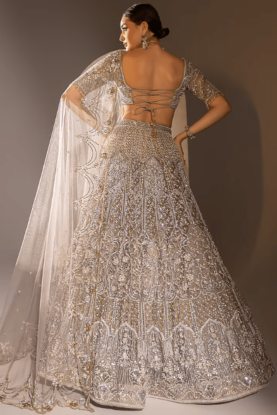 Grey Net Crystal & Pearl Work Lehenga Set - Image 2